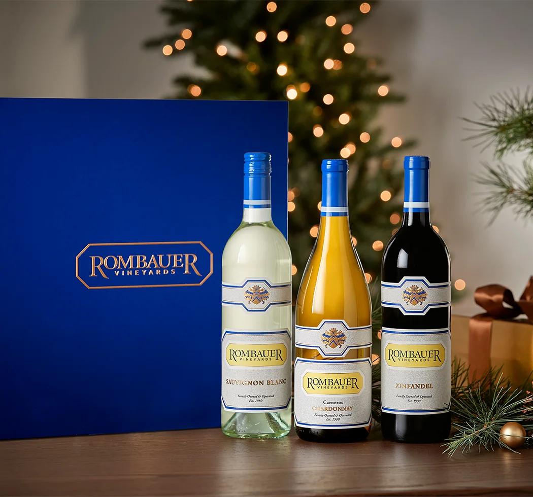 Sauvignon Blanc, Chardonnay, and Zinfandel with a beautiful blue holiday gift box