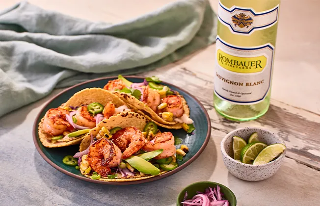 Shrimp tacos on a plate with a bottle of Rombauer Sauvignon Blanc