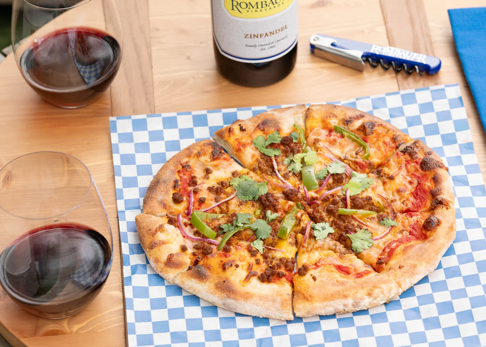 Chorizo pizza paired with Rombauer Zinfandel