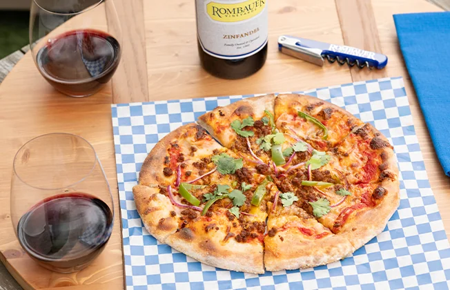 Chorizo pizza paired with Rombauer Zinfandel