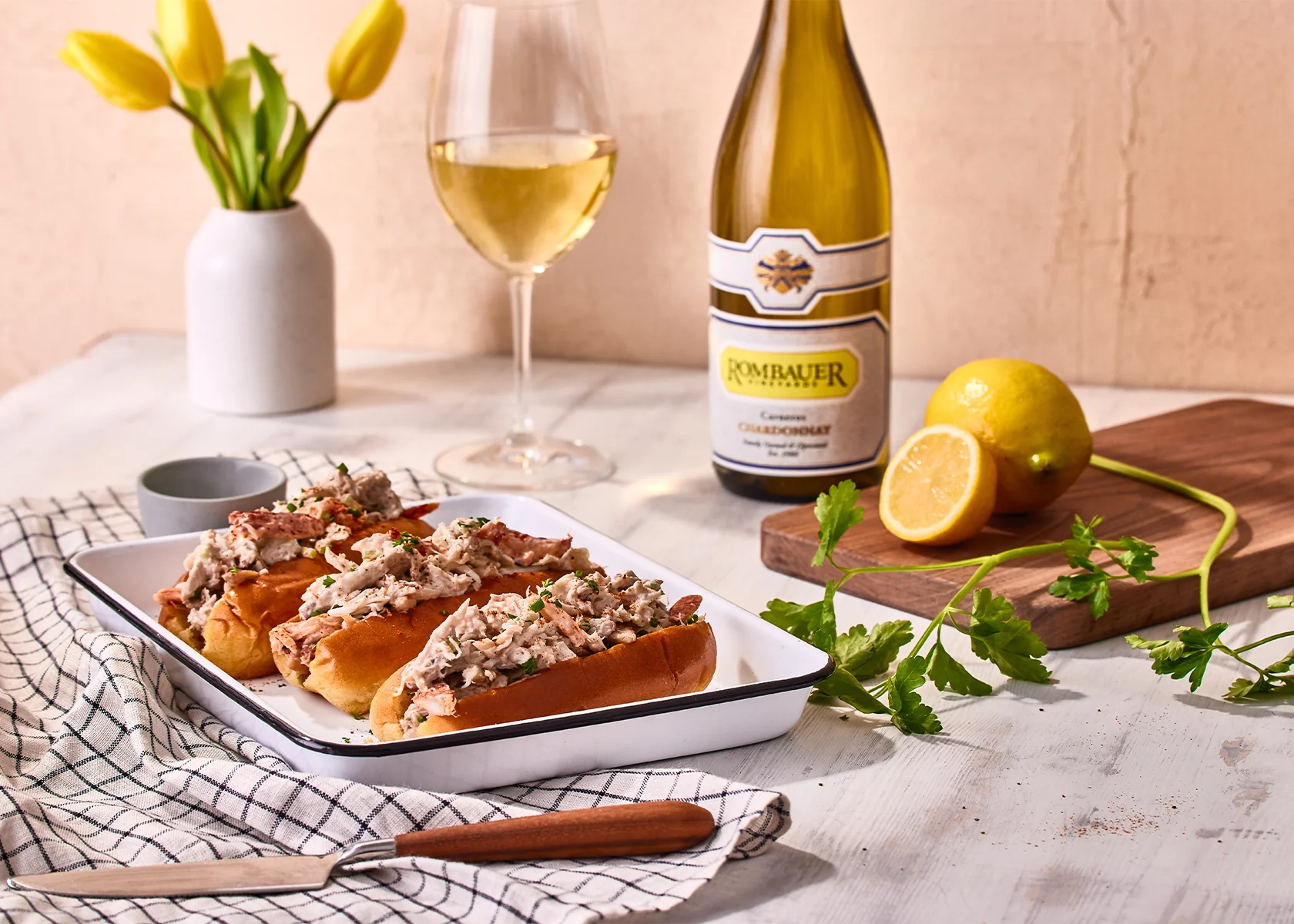 Crab rolls and Carneros Chardonnay