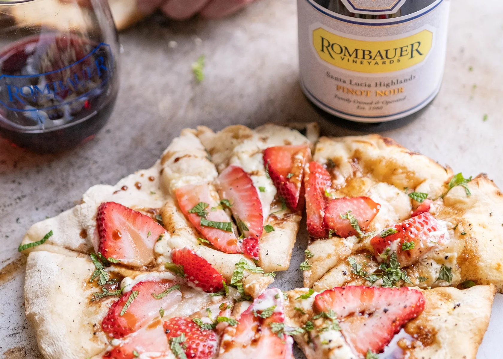Strawberry Mascarpone pizza paired with Rombauer Pinot Noir