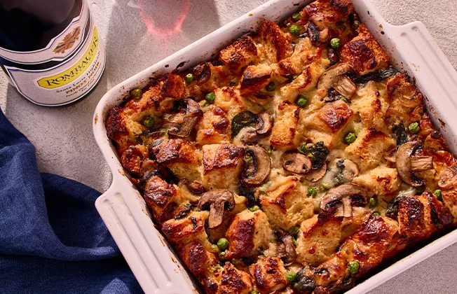 Mushroom strata paired with Rombauer Pinot Noir