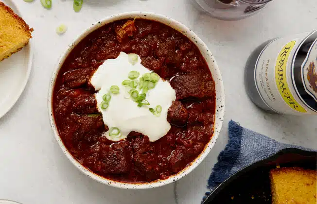 Bowl of Chili with Cornbread and Zinfandel