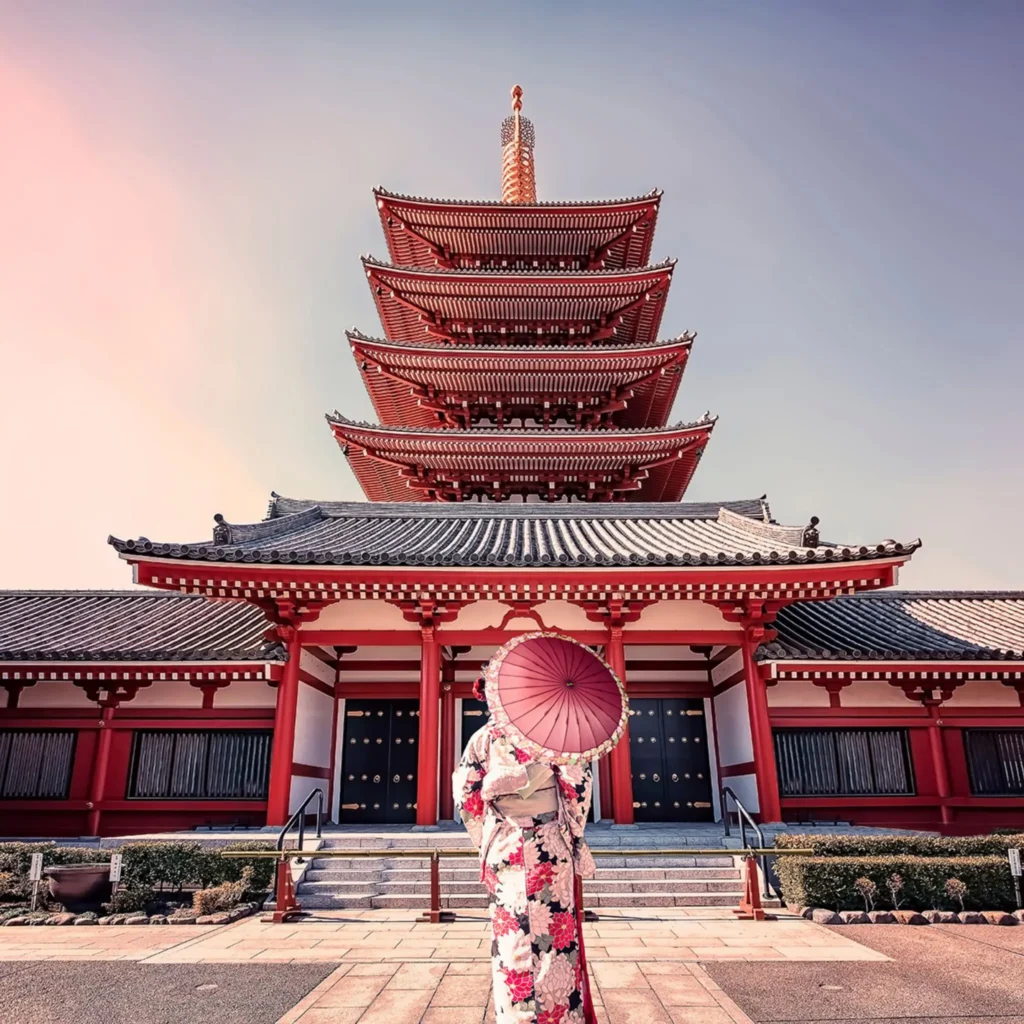 Person holding a Japanese umbrella in front of a building