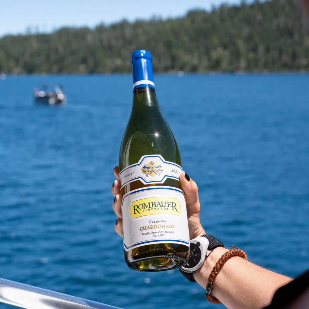 Person holding a bottle of Rombauer wine over a lake